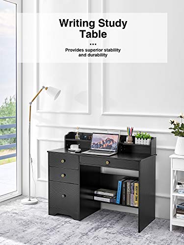 Computer Desk with Drawers and Hutch Shelf, Wood Frame Home Office Desk with Spacious Desktop, Writing Study Table PC Laptop Notebook Desk, Black