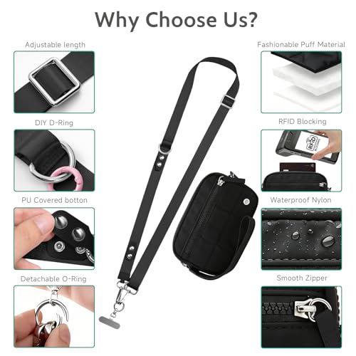 Shanejorin Nylon Quilted RFID Wristlet Travel Wallets with Zipper ID Window Phone Lanyard Clip and Go Strap for Phone with Wallet Crossbody Adjustable Detachable Black — view 4