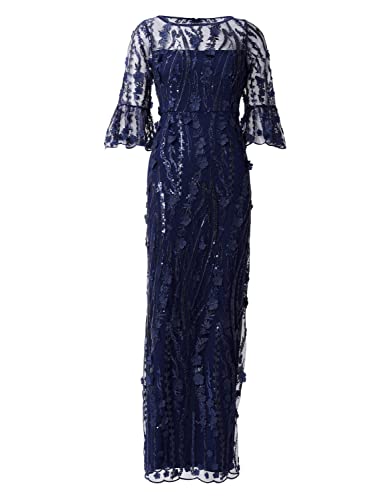 Adrianna Papell Womens Long 3D Floral Sequin Gown Special Occasion Dress, Light Navy, 4 Us #TOP3