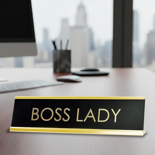 Signs ByLITA Boss Lady Black Gold Desk Sign 2" x 8" Modern Leadership Name Plate