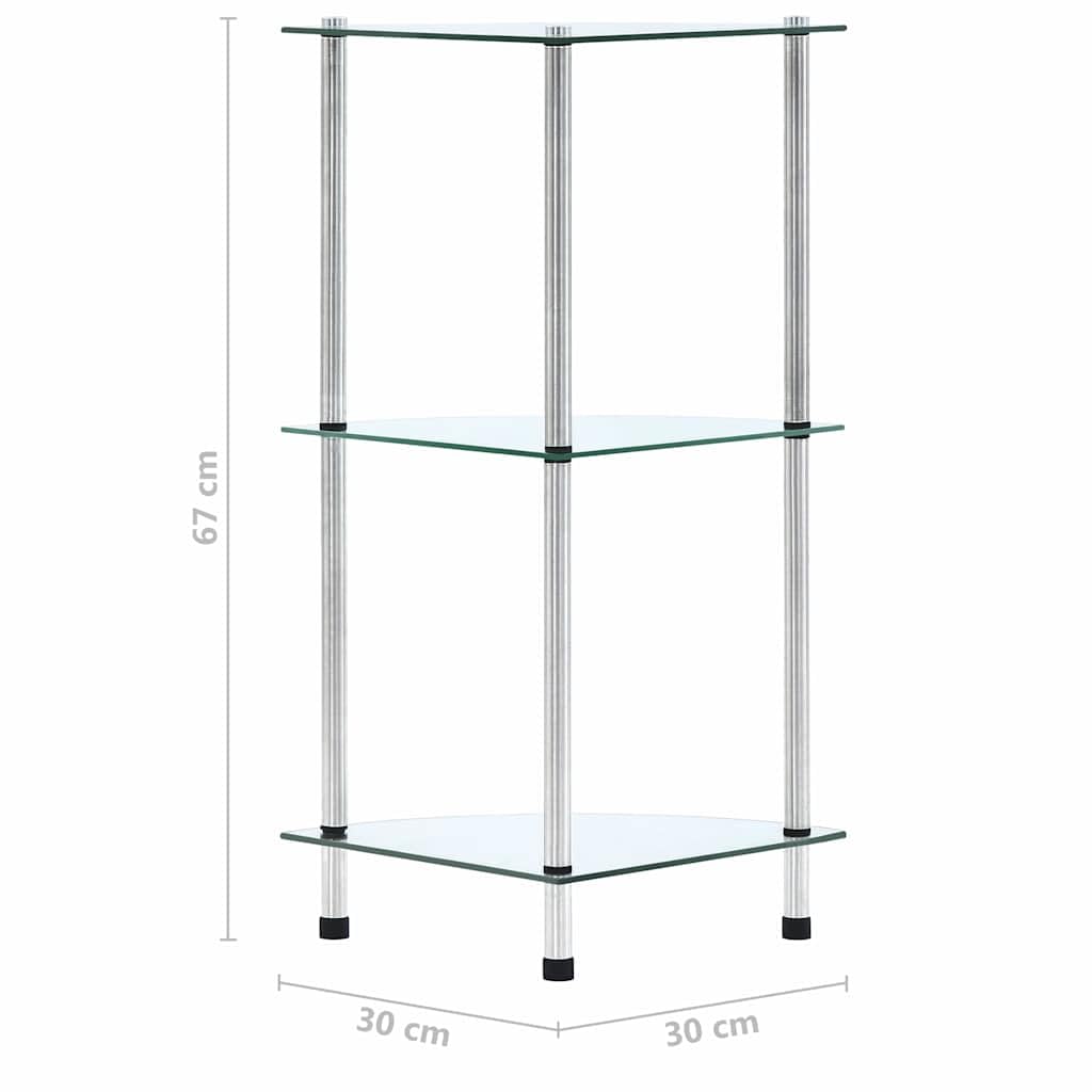 Scaffale in vetro trasparente con 3 ripiani, 30 x 30 x 67 cm, in vetro temperato e acciaio inox, per soggiorno, ufficio, bagno, ideale come divisorio, portaoggetti, decorazione, organizer
