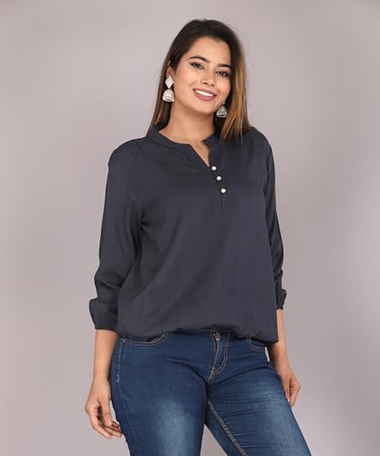 Image of Himanshi Enterprises Women's 3 /4 Sleeves Mandarin Nack Rayon Casual Solid Short Kurti