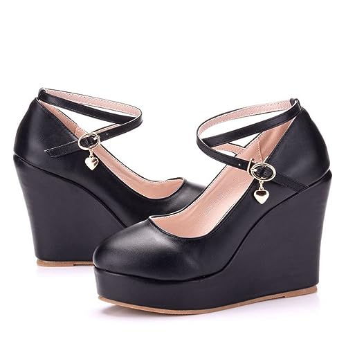 Women's Mary Jane Wedge Solid Buckle Evening Dress Round Toe Platform Lolita Shoes Cross Shoes 4 Inch Heel Height Pumps