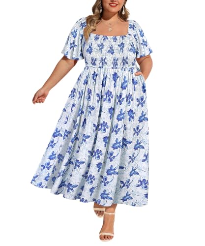 Image of RITERA Plus Size Dresses for Curvy Women Square Neck Short Sleeve Summer Floral Smocked Maxi Dress with Pocket XL-5XL