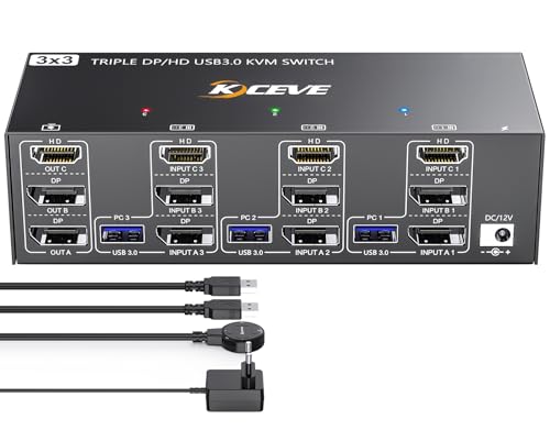 Commutateur KVM USB 3.0 3 Moniteurs 3 Ordinateurs, YOUTINGHDAV Switch KVM triple moniteur 2 Displayport + HDMI, Commutateur KVM 8K@60Hz 4K@144 Hz, Switch KVM HDMI DP pour 3 PC Partagez Souris