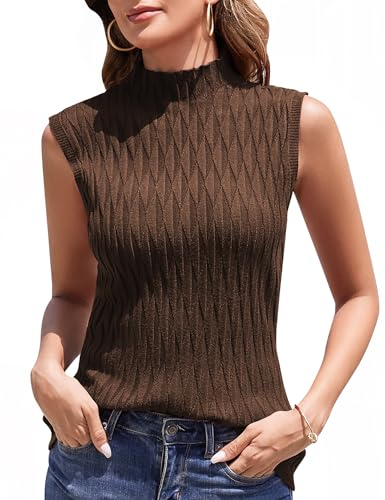 Aottori Camiseta sin Mangas Mujer Cuello Alto Jerséis Acanalada Ajustada Elástica de Punto Suéter Básico Elegante Pullover Camisa Túnica Marrón M