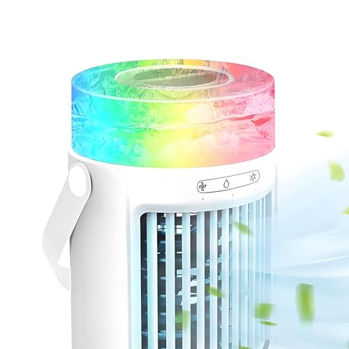 Air Cooler Portable Air Conditioner, Mini Air Conditioner 4-in-1, Air Con Unit with 7 LED Lights & 600ML Tank, Personal Water Fan Cooler 3 Speeds for Home Office Indoor