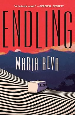 Endling by Maria Reva, depicting a mobile home driving over an inorganic black and white striped ground overlooking a red sky and mountain landscape.