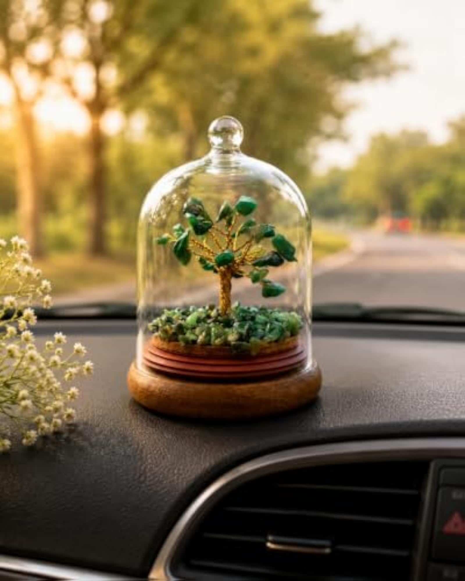 Decorative Glass Dome with Green Aventurine Gemstone Tree