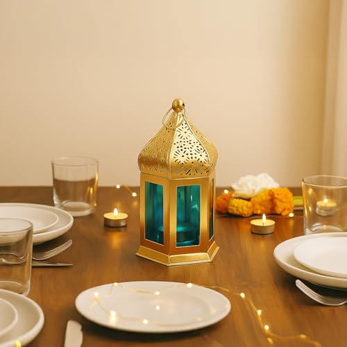 Image of MARKET 99 Metal & Glass Moroccan Lantern Candle Holder | Decorative Tealight Lantern for Home Decor, Living Room & Table | Valentine, Diwali, Wedding-Golden & Blue | (Use LED T-Light only)