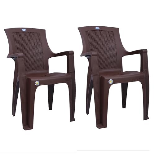 Image of VV National Vajram VJ-26 Plastic Arm Chair (Brown, Set of 2) | Heavy Duty Virgin Plastic Chairs | Strong & Durable | Indoor & Outdoor Seating