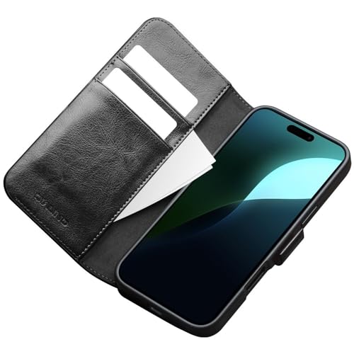 Étui en cuir véritable pour iPhone 15 Pro, la protection à rabat magnétique noir élégant