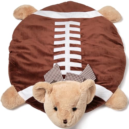 Image of Bearington Baby Touchdown Tummy Time Mat, 30 x 30 Inch Football Teddy Bear Plush Stuffed Animal Blanket, Baby Boy Football Nursery Décor