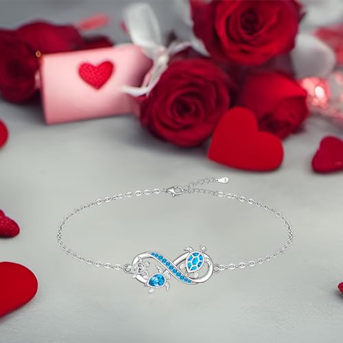 Image of Fenthring Turtle Anklet S925 Sterling Silver Blue Opal Sea Turtle Ankle Bracelets for Women Infinity Wave Ocean Beach Summer Foot Bracelet Jewelry Layered Adjustable