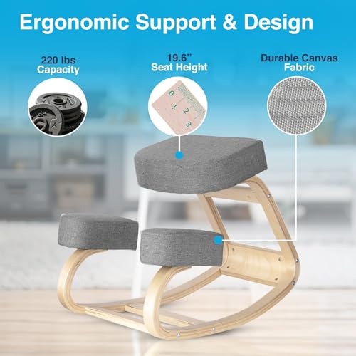 Image of Desky Ergonomic Black Kneeling Chair - Adjustable Wooden Frame with Cushioned Seat and Knee Pads, Natural Finish, Home Office & Study Support