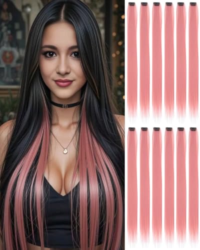 Lotus Root Pink Clip In Hair Extensions for Parties, Festivals, Night Out, Birthdays & Dress Up – No Dye No Damage, 12 PCS Reusable Synthetic Hair for Girls, Women & Teens Gift (Lotus Root Pink,E-28)