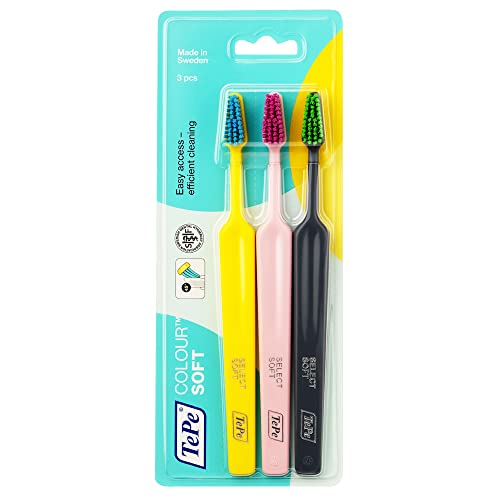 Tepe Colour Soft-Bristle Toothbrush, Colorful Toothbrush With Tapered Head And Angled Neck, 3 Pack #TOP9