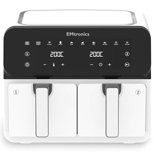 EMtronics 8L Dual Zone Air Fryer 2400W Family Size, 8 Preset Cooking Mode, Match Cook & Smart Finish Functions, 8 Litre - White