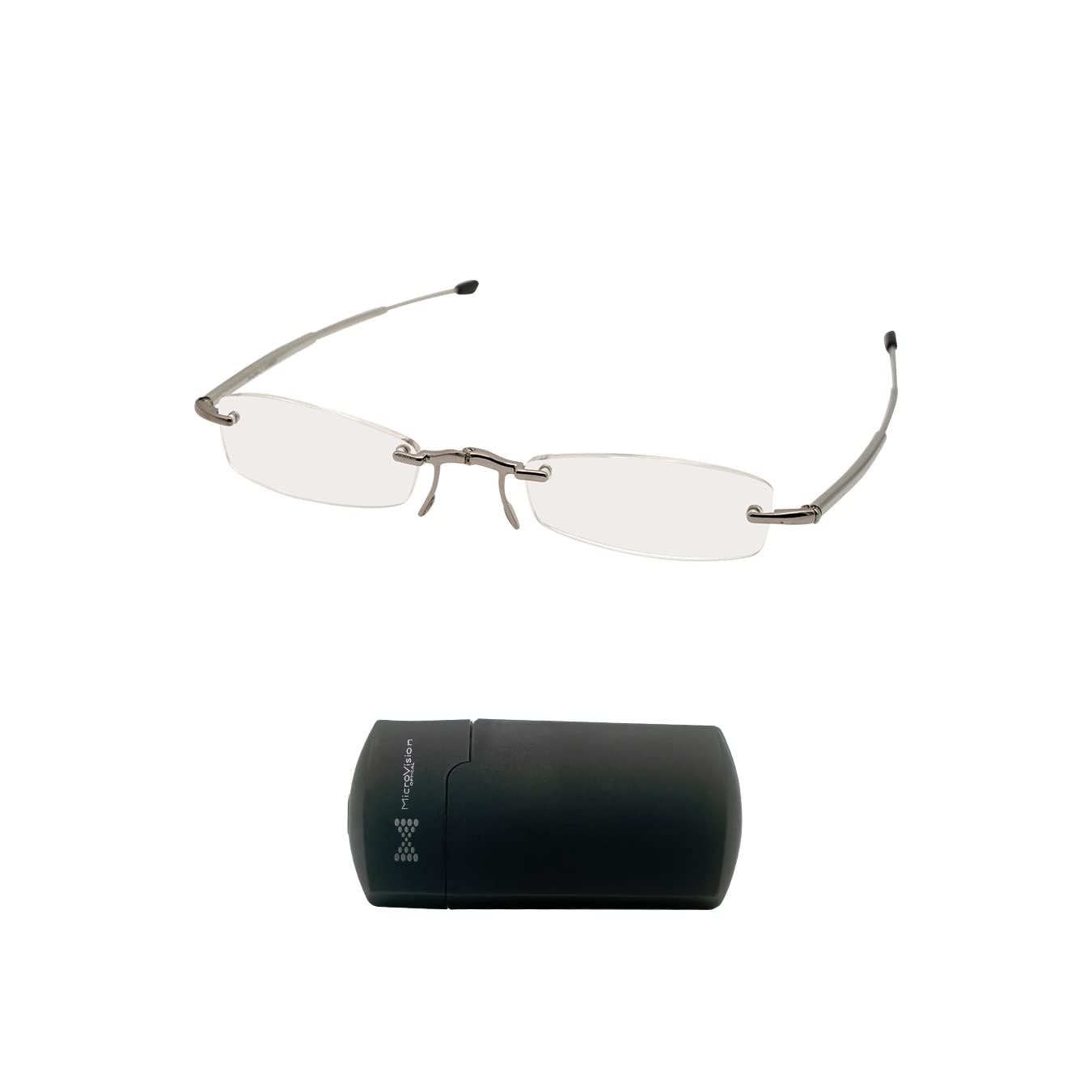 MicroVision Optical Executive Rimless Folding Reading Glasses With Compact Case For Women and Men, Slim, Lightweight Portable