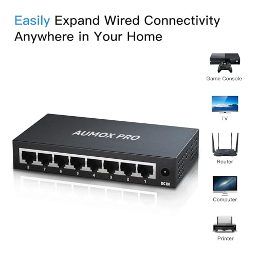 Image of 8 Port Gigabit Unmanaged Ethernet Switch, AUMOX PRO Home Network Hub, Office Ethernet Splitter, Plug-and-Play, Silent Operation, Desktop or Wall Mount, Fanless Metal Design