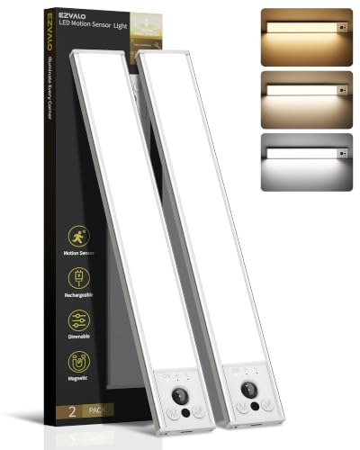 EZVALO 12inch Under Cabinet Lighting, 2 Pack 3100mAh Rechargeable Motion Sensor Light Indoor with 3 Color Temperatures, Dimmable & Magnetic Closet Light, Wireless Counter Lights for Kitchen, Stairs