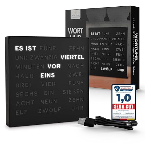 Bada Bing LED Wortuhr Schwarz mit Deutscher Wort Anzeige - edle Metall Uhr mit USB Kabel Wanduhr modern - Tischuhr hochwertig lautlos zum Aufstellen/Aufhängen - Deko Geschenk Männer Geburtstag Büro