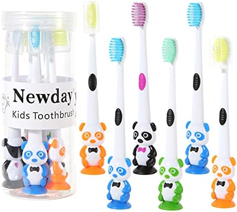 Newday 6 Packs Kids Toothbrush, Extra Soft Lovely Little Panda Toothbrush for Kids, BPA Free, Suction Cup for Fun Storage, Boys and Girls Toddler Toothbrush - Age 3+