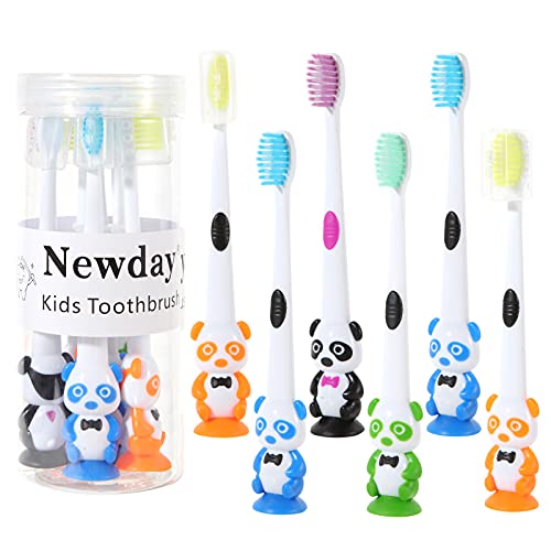 Image of Newday Kids toothbrushes 6 Pack Set Soft Bristles with Suction Cup, Includes Travel Covers, Bear Panda toothbrushes for Kids Boys & Girls, Toddlers &Children Teeth