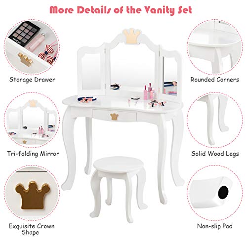 Costzon Kids Vanity Table And Chair Set, Princess Makeup Dressing Table With Drawer & Tri-Folding Mirror, 2 In 1 Vanity Set With Detachable Top, Pretend Beauty Play Vanity Set For Girls (White) #TOP2