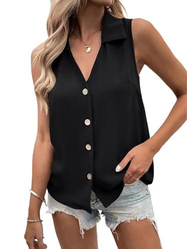 Vrtige Women's Casual Collar V Neck Button Down Sleeveless Tunic Blouse Shirt Tank Top