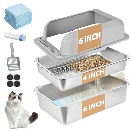 Homegroove Stainless Steel Sifting Litter Box for Pine Pellets, 23.6''Lx15.7''Wx12''H Cat Litter Box with Lid for Indoor Cats Metal Pellet Sifter Litter Pan with Plastic Scoop &10 Urine Pads (6 Inch)