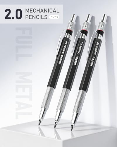 Nicpro 2mm Metal Mechanical Pencil Set with Case, 3PCS Lead Pencil Holder 2.0 mm with 144PCS Lead Refills (4H 2H HB 2B 4B 6B Color), Eraser, Sharpener for Drafting Writing Drawing Sketching - Thumbnail 3