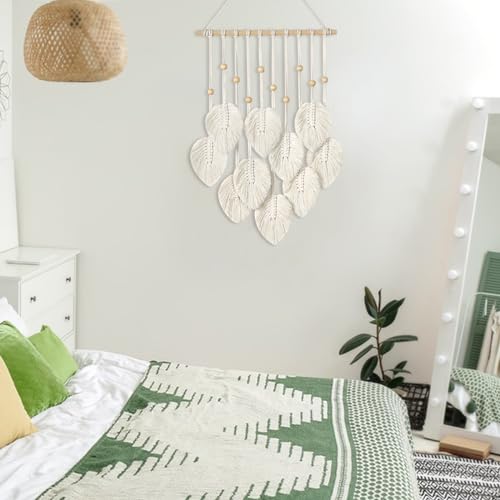 Betylifoy Makramee Wandbehang Boho Deko, Makramee Wandteppich mit Holzperlen und Grün Blätter Tapisserie Wandbehang für Schlafzimmer Kinderzimmer Wanddeko (Beige)