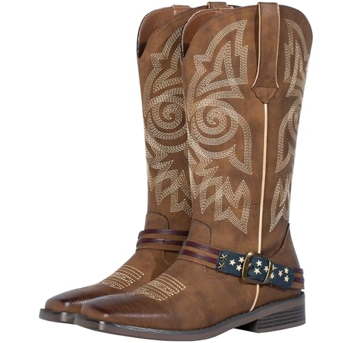 J's.o.l.e Women's Fashion Wide Square Toe Western Cowgirl Cowboy Boots Mid Calf Brown