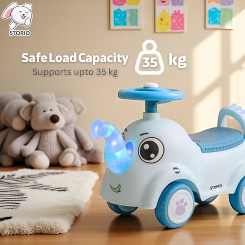 Image of Storio Elephant Baby Ride-On Car Toy with Light and Music - Sky Blue | Push Car for Kids with Backrest & Steering, 1-3 Years