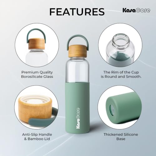 Image of Borosilicate Glass Water Bottle 500 ml | Leakproof Bamboo Lid & Silicone Sleeve | BPA Free Reusable Drinking Bottle for Office, Gym, Travel & Daily Use (Green)