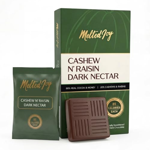 Image of Melted Joy Cashew & Raisin 50% Dark Chocolate Squares |Honey-Sweetened Dark Chocolates| Portion-Controlled 85 Cal | No Refined Sugar | Pack of 6
