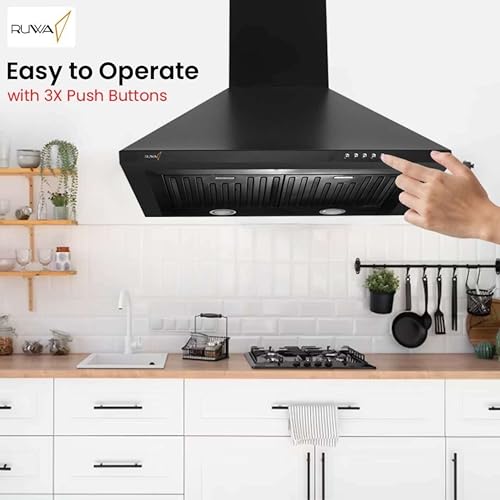Image of RUWA VIVA 60 cm Wall Mounted Kitchen Chimney Black | 1000 CMH Suction | Baffle Filter | 3 Speed Push Button Control | Low Noise | Ideal for 2-4 Burner Stoves