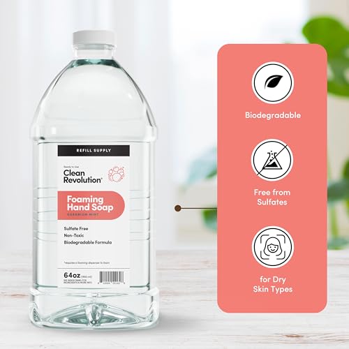 Image of Clean Revolution Foaming Hand Soap, Gentle, Moisturizing, Ready To Use Formula, Real Essential Oils, Gluten Free, Geranium Mint, 64 Fl Oz