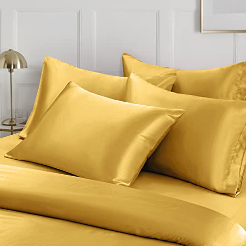 Image of Ersmak 6 Pieces Satin Duvet Cover Full /Queen Size Luxury Silky Bedding Duvet Cover Set with 1 Soft Duvet Cover, 4 Queen Pillowcases and 1 Body Pillowcase, Gold