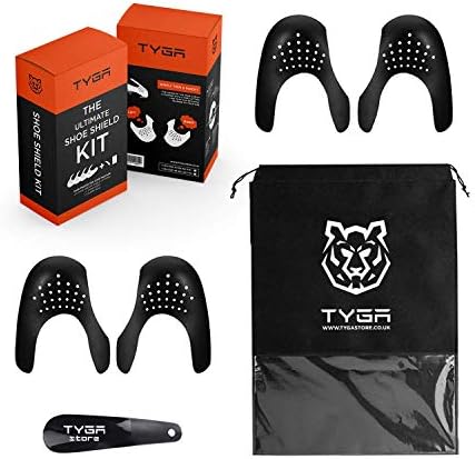 TYGA Store | Ultimate Shoe Shield Kit - 4 Shoe Crease Protectors - Trainer/Sneaker/Crep Protector, Anti Crease Shields - Fits UK 3-11 | All Black - 2 Pairs + Shoe Horn + Carry Bag + Gift Box
