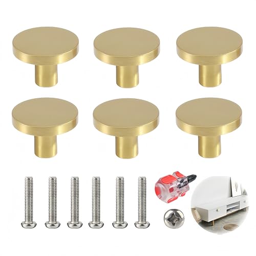 6 Piezas Pomos y Tiradores para Cajones en Acero Inoxidable Dorado, Manillas Redondas para Muebles y Armarios, Pomos Redondas para Gabinetes, Incluye Destornillador para Fácil Instalación, 20x25 mm