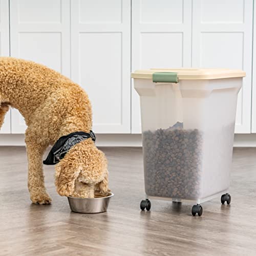 Iris Usa 55 Lbs / 67 Qt Weatherpro Airtight Pet Food Storage Container With Attachable Casters, For Dog Cat Bird And Other Pet Food Storage Bin, Keep Pests Out, Translucent Body, Almond/Clear #TOP2