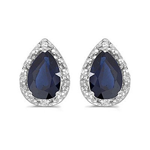 Pear Blue Sapphire And Diamond Stud Earrings 14K White Gold (1.70Ct) #TOP2