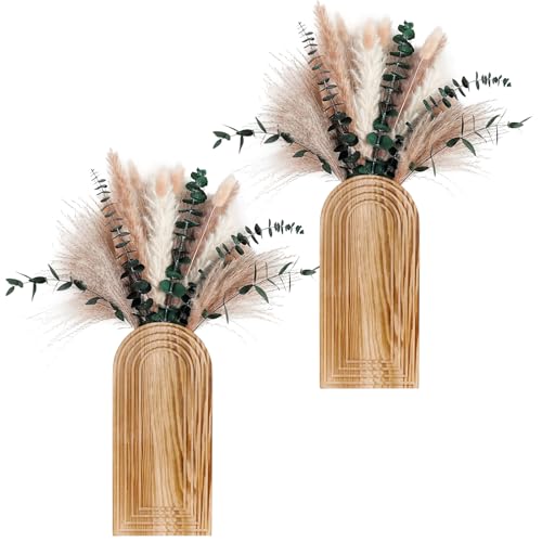 2 Pack Wooden Wall Vase, Handmade Natural Wood Vase, Boho Decor Vases for Wall Mounting, Modern Bohemian Home Office Decor for Dried Flowers, Unique Gift for Modern Farmhouse (Only Vases)