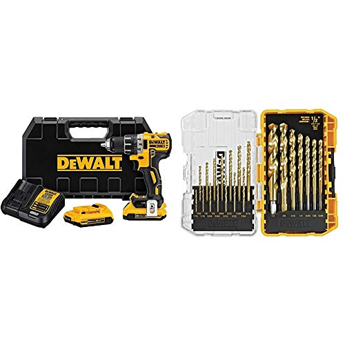 DEWALT 20V MAX Cordless Drill/Driver Kit, Brushless, 1/2-Inch (DCD791D2) & Titanium Drill Bit Set, 21-Piece (DW1342)