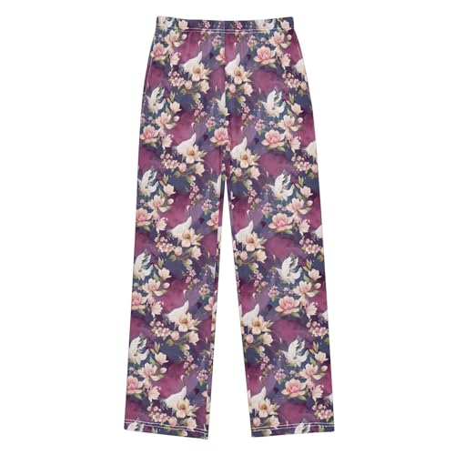 Crane Bird Floral Boys Long Pants Soft Trousers Elastic Waist Kids Lounge Bottoms with Pockets S-XL