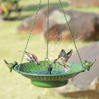 13" Hanging Bird Bath with Solar Fountain,Metal Solar Bird Bath (Green)