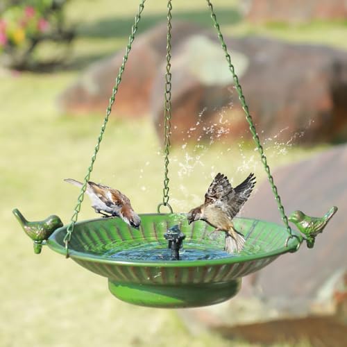 Image of 13 inch Hanging Bird Bath with Solar Fountain,Metal Solar Bird Bath (Green) | Hanging Solar Bird Bath,Birdbath Bubbler ,Hanging Bird Bath for Outdoors Garden, Patio & Yard.