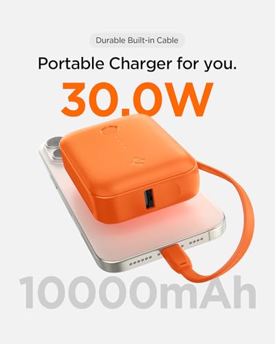 Image of Spigen ArcPack 10000mAh Power Bank with Built-in USB-C Cable,30.0W Fast Charging, 1 Type-C Cable, 1 Type-C Port, 1 USB-A Port - (ABS + PC | Spigen Orange)